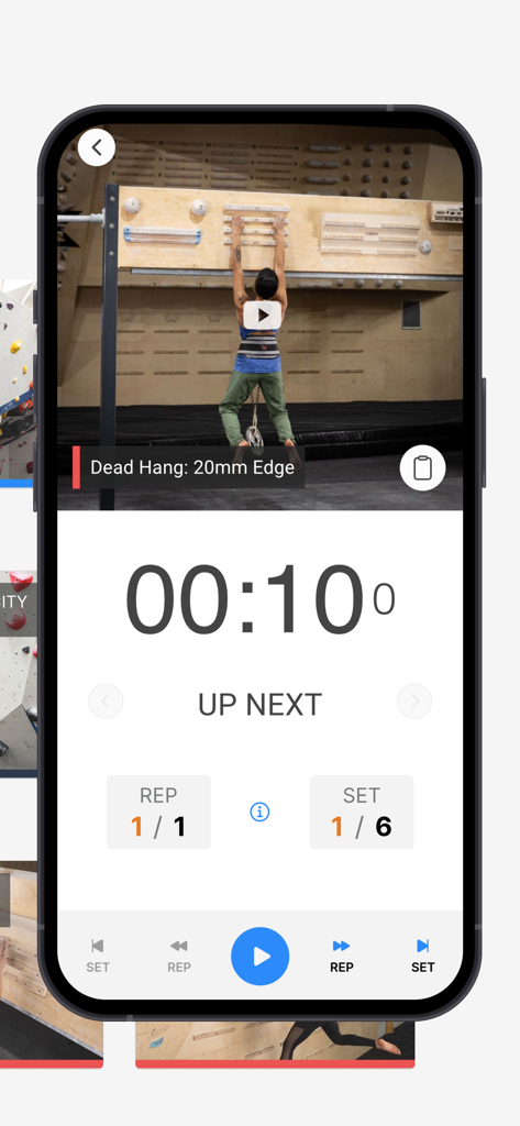 Crimpd - Mobile interface of the Crimpd app showing a hangboard training timer and video for a dead hang exercise.