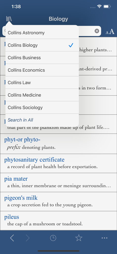 Collins Subject Dictionaries - A menu in the Collins Subject Dictionaries app showing options for Astronomy, Biology, Business, Economics, Law, Medicine, and Sociology.
