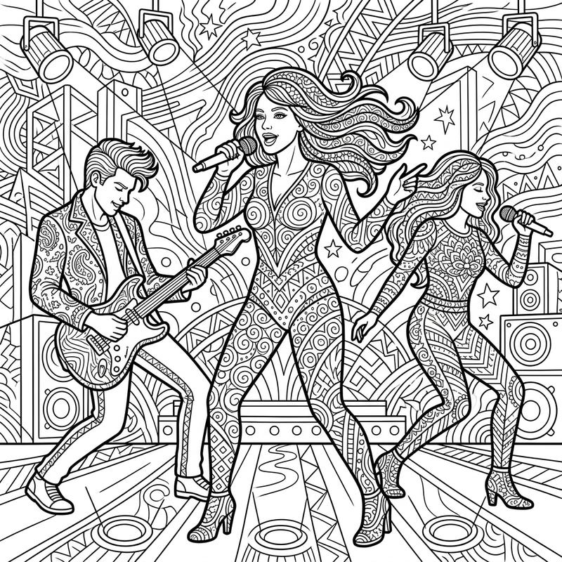 Step into the spotlight with our captivating Zentangle Pop Singers coloring page! This dynamic design blends the excitement of a live concert with the meditative beauty of intricate patterns.