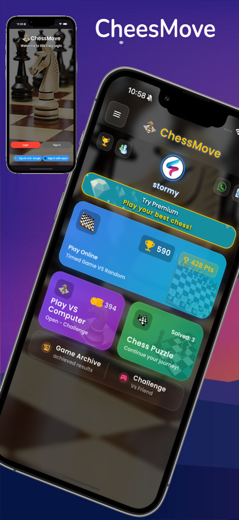 Chess Move - El panel de la aplicación Chess Move en un iPhone mostrando modos de juego como juego online y puzles.