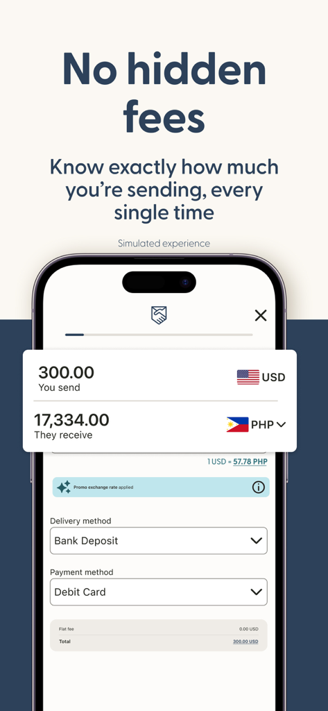 Remitly: Global Money Transfer - Capture d'écran de l'application Remitly montrant 300 USD convertis en pesos philippins avec zéro frais et des taux de change transparents