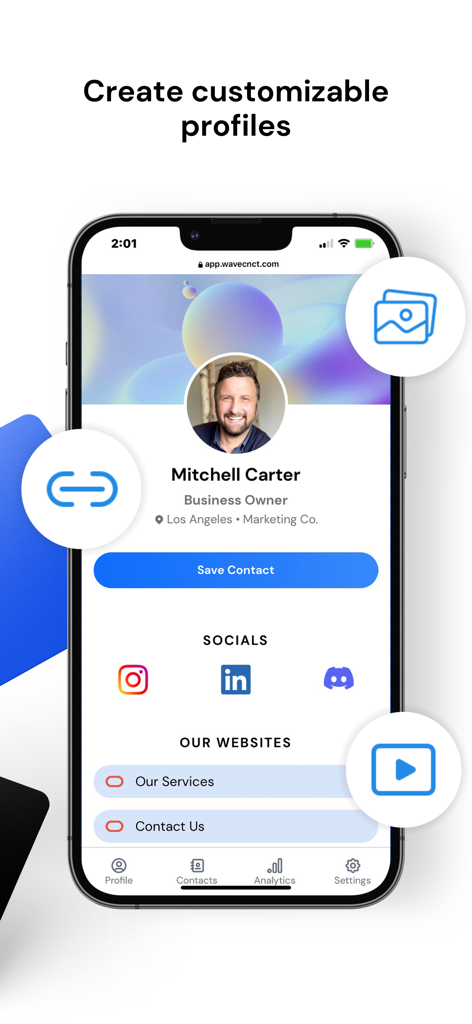 Wave: Digital Business Card - Interface of the Wave app showing a customizable digital business card profile with social media links and contact information.