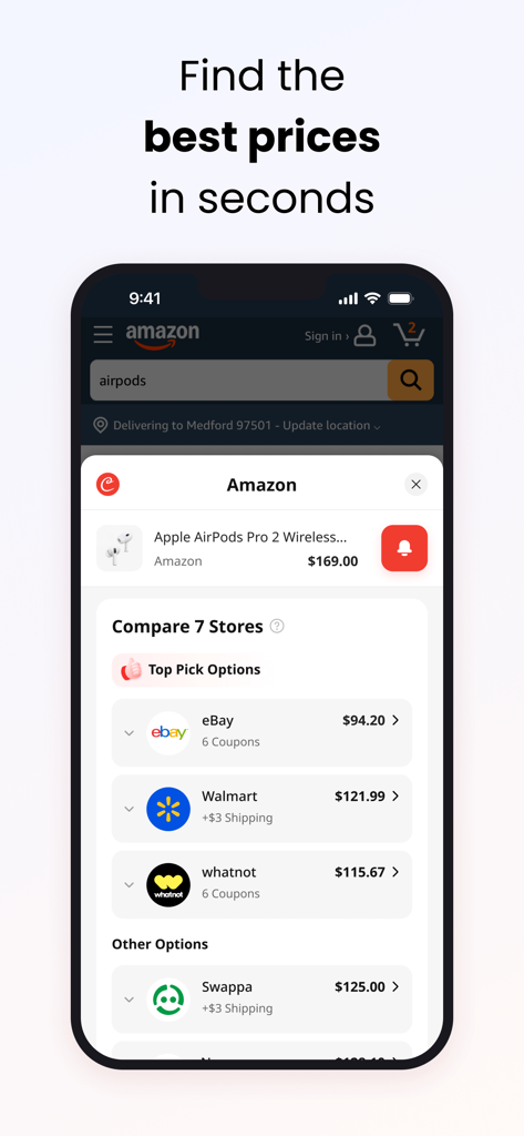 Interface de l'application mobile Coupert comparant les prix des AirPods sur Amazon, eBay et Walmart