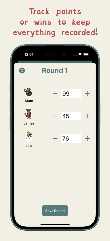 Tally Board: Score Counter - Tally Board app interface showing player scores and custom avatars for a round of a board game.