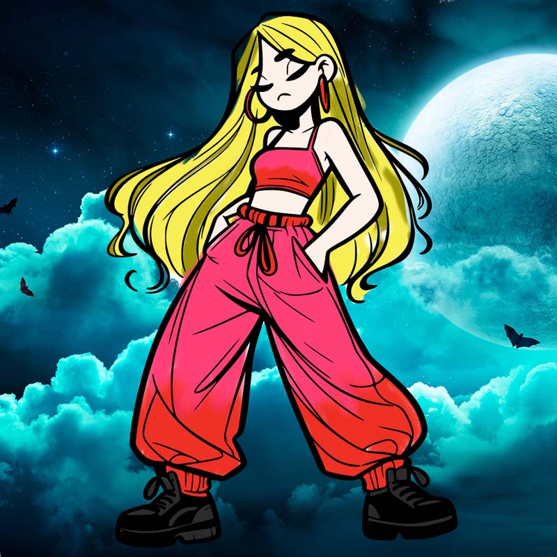 girl in baggy pants crop top and long hair