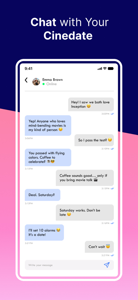 CineConnections - CineConnections mobile app chat interface showing two users discussing movies and planning a date