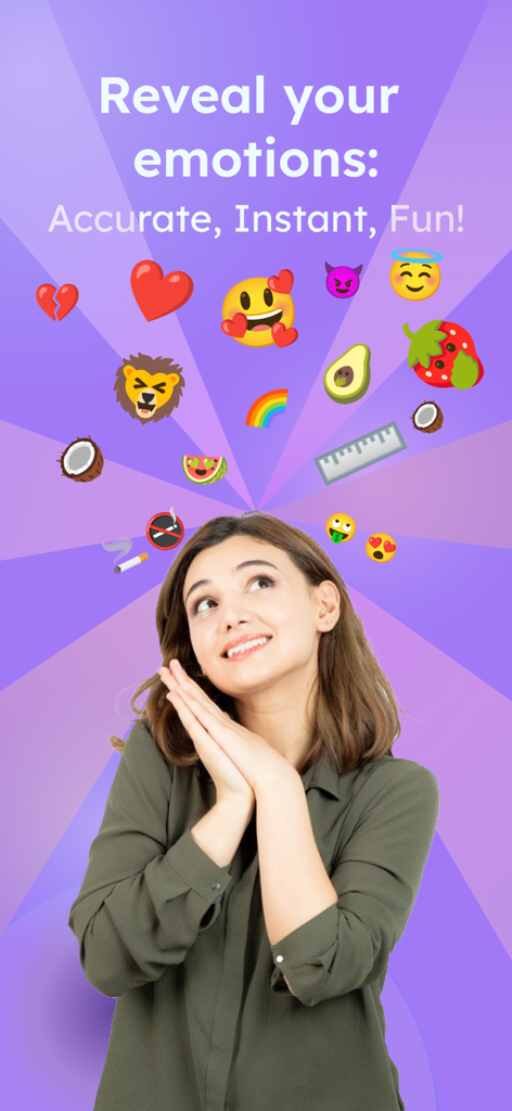 Accurate Filter: Emoji Game - カラフルな絵文字が彼女の上に浮かび、感情を明らかにというテキストが表示されている間、笑顔の女性