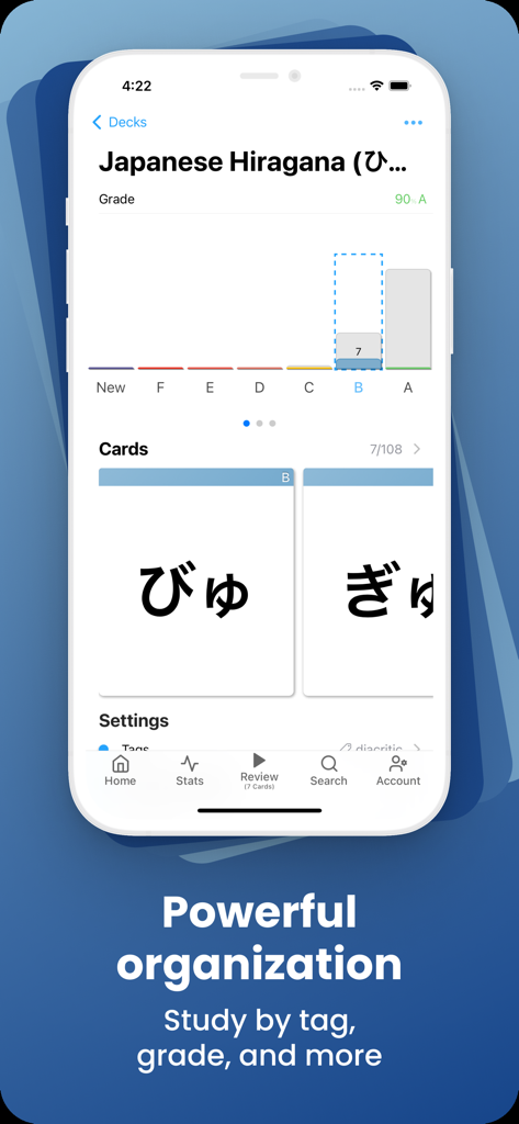 AlgoApp Flashcards - AlgoApp Flashcards showing Japanese Hiragana deck organization and study stats