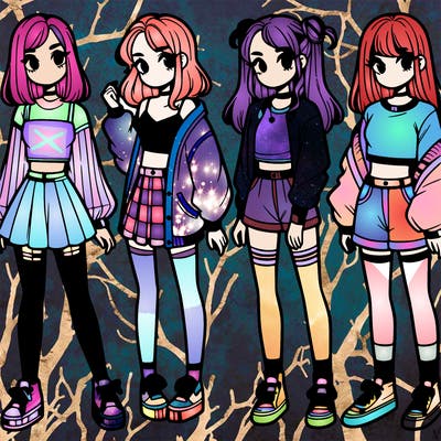 one girl with crop-top shirt and a jacket with a skirt, long socks and another girl with a shirt and pants with a jacket