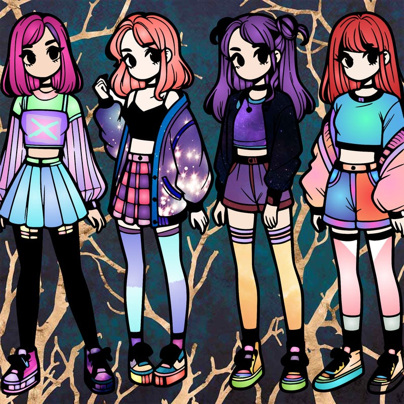 one girl with crop-top shirt and a jacket with a skirt, long socks and another girl with a shirt and pants with a jacket