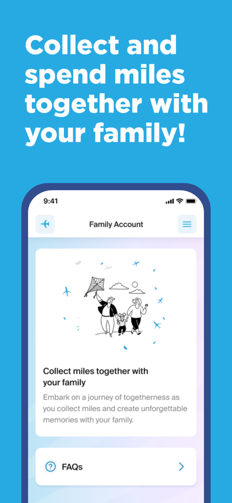 AZAL - Book Flight Ticket - Azerbaijan Airlines app screen showing the Family Account feature for sharing loyalty points with family members.