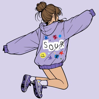 realistic girl jumping with a bun and oversized sweatshirt