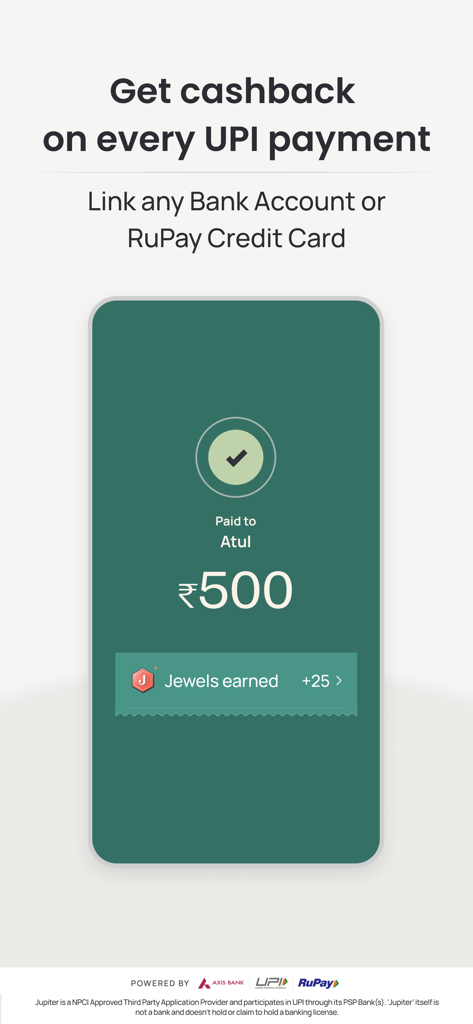Interface do aplicativo Jupiter mostrando um pagamento UPI bem-sucedido e recompensas de joias ganhas