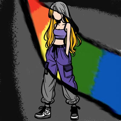 girl in baggy pants crop top and long hair