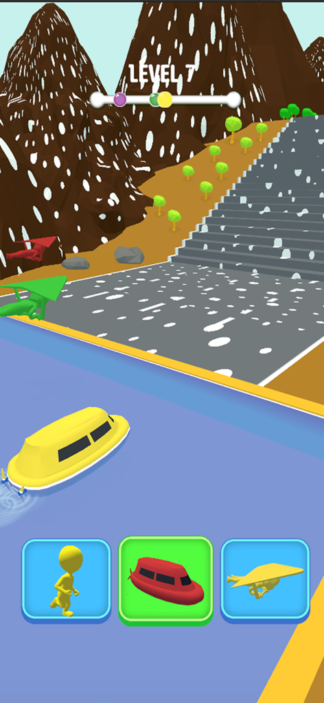 Car Shape Funny Transform Race - Um barco amarelo correndo na água com opções de transformação de forma em um jogo casual 3D.