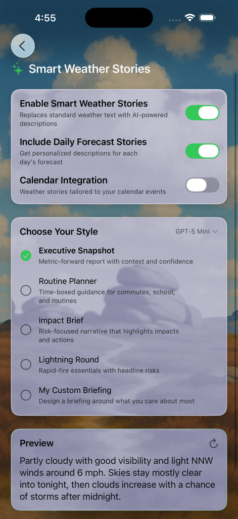 Interface of the Forecast Bar app showing settings for Smart Weather Stories with options for AI styles like Executive Snapshot and Routine Planner