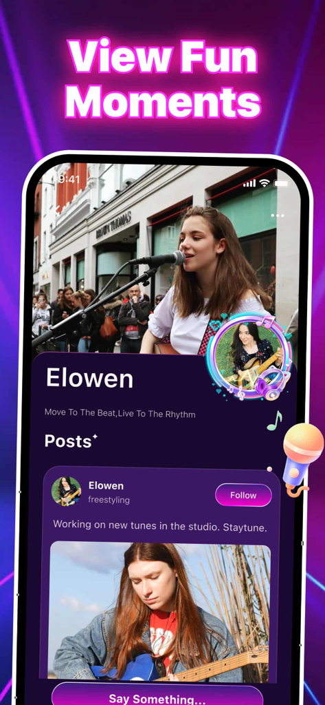 음악 공연 게시물과 팔로우 버튼이 있는 Elowen이라는 사용자 이름의 Bubee 앱 인터페이스를 보여줍니다.