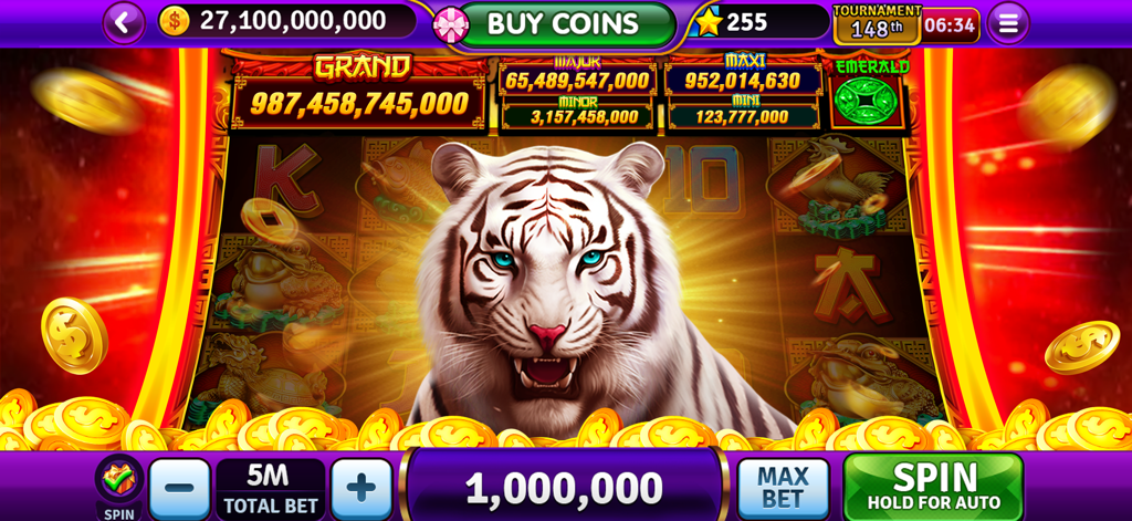 Gameplay-Screenshot von Tycoon Casino Vegas Slots mit einem Automaten mit weißem Tiger-Thema und riesigen Jackpots