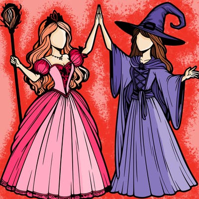 detailed realistic split of a princess and a witch
