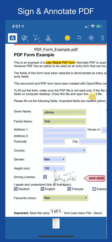 Notate for Microsoft 365 - Mobile app interface for signing and annotating a PDF document with digital handwriting