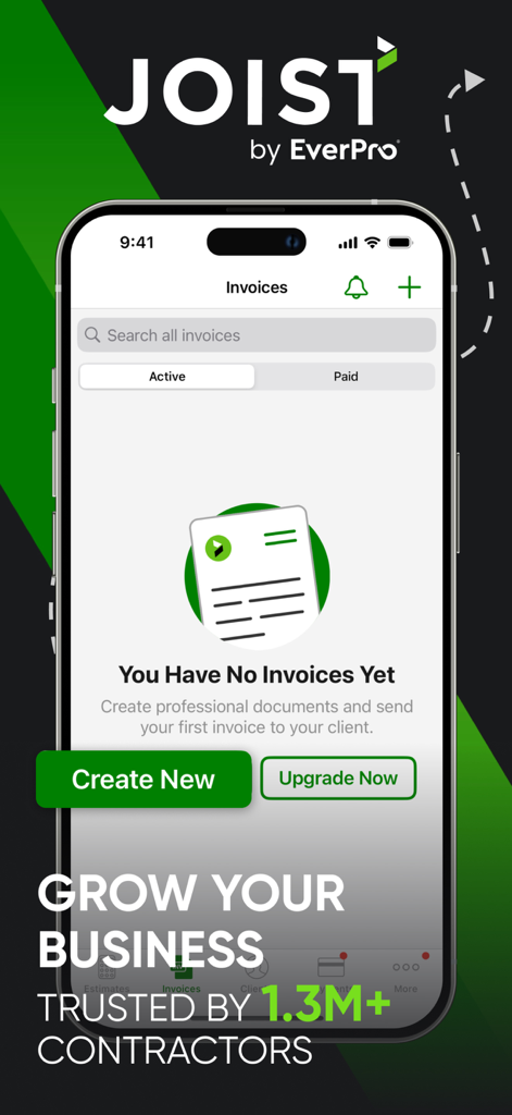 Joist: Estimate Invoice Maker - Joist mobile app dashboard showing the invoice creation screen for professional contractors