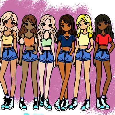 a group of girls wearing crop tops and shorts