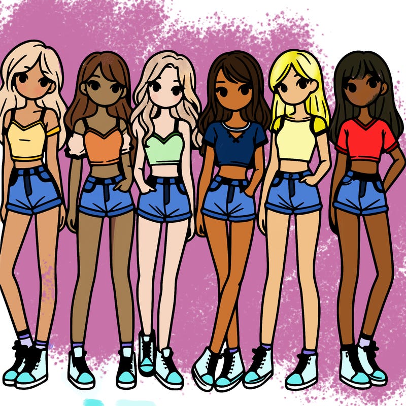 a group of girls wearing crop tops and shorts