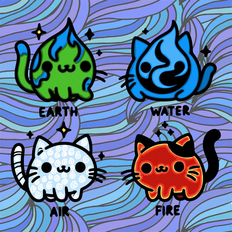 4 cats that represent the different elements, earth, water, air, and fire