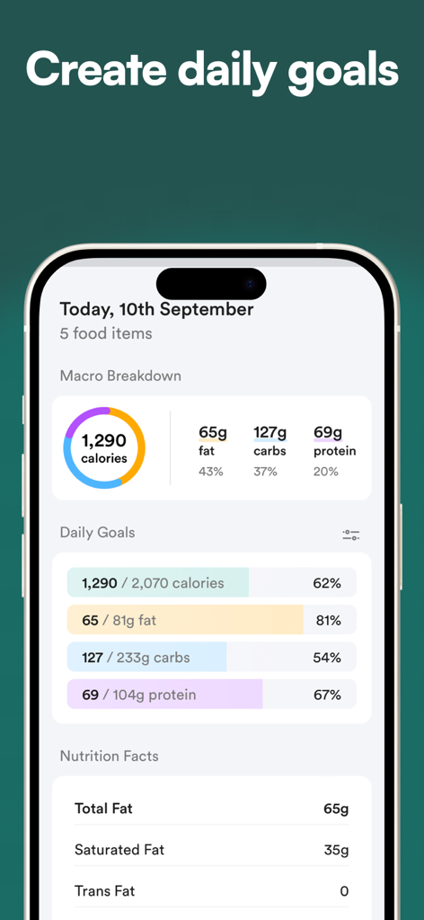 Mobile app screen displaying daily calorie and macro goals with nutritional breakdown.