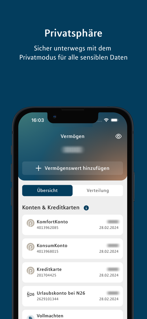 Financial Home - Financial Home app screenshot showing the private mode feature which blurs sensitive account balances and financial data for security.