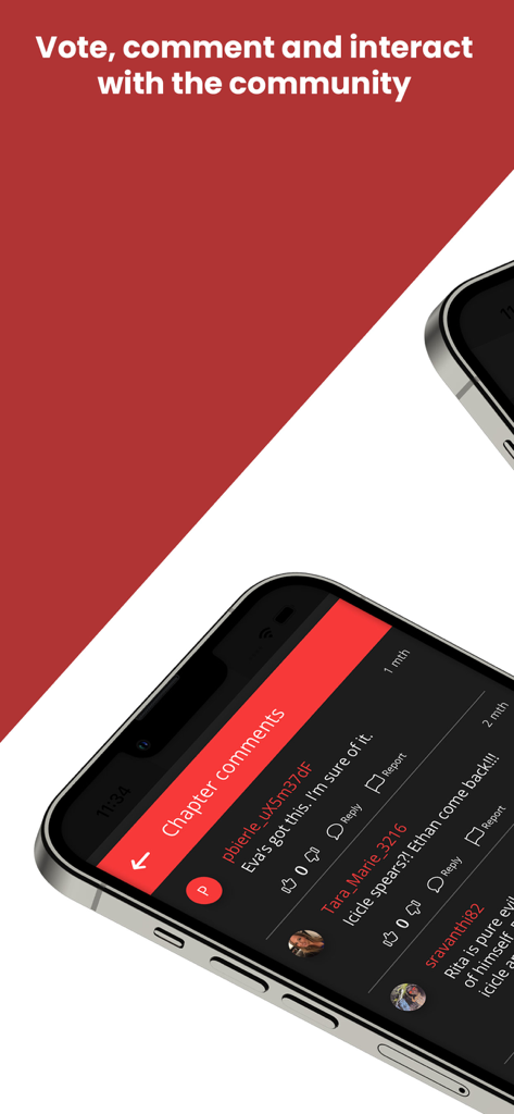 MyFavReads: Novels & Books - Smartphone screen showing user comments and community interactions on a book chapter within the MyFavReads app