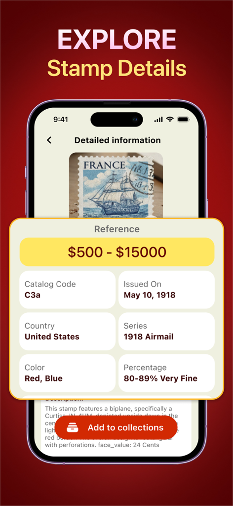 App interface displaying detailed stamp information and estimated market value.