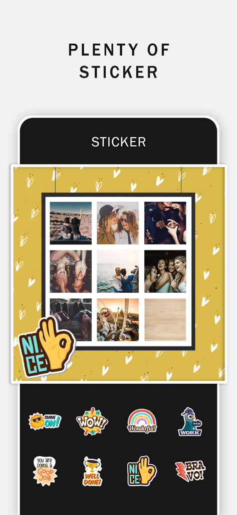 Photo Shape Collage Maker. - A variety of colorful stickers and a photo collage being edited in the Photo Shape Collage Maker app.