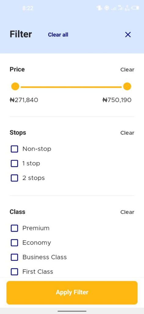 Travelbeta - Travelbeta app flight search filters for price range stops and cabin class