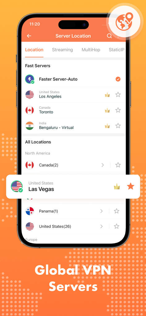 Turbo VPN app interface displaying a list of global server locations for secure browsing.