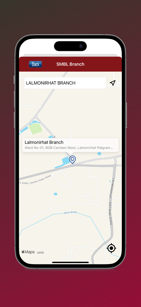 Connect Internet Banking - Vista de mapa dentro de la aplicación Connect Internet Banking que muestra la ubicación de la sucursal de Lalmonirhat de Shimanto Bank.