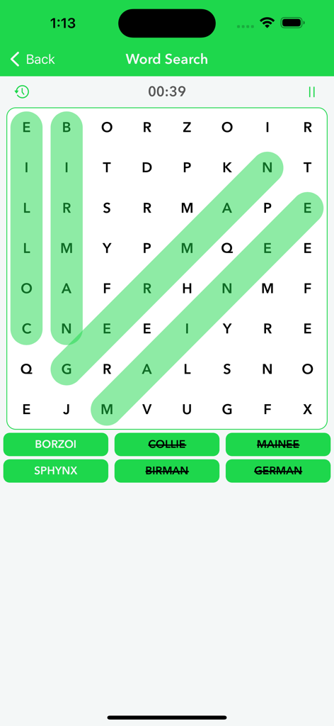 Wordscapes Word Search - A mobile phone screenshot showing a classic word search puzzle grid with green highlights on found words