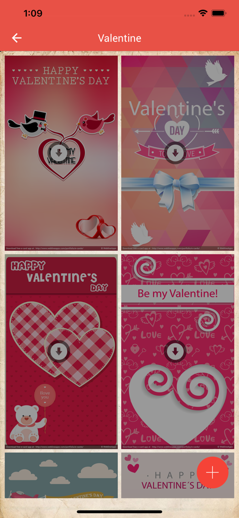 A selection of colorful Valentine Day e-card designs and templates within the app