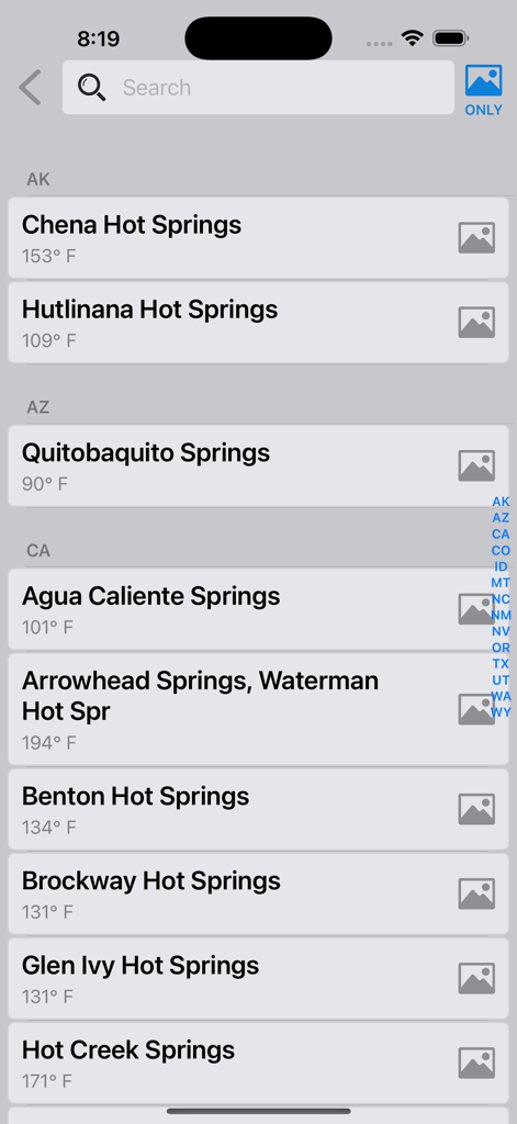 US Hot Springs - A list of US hot springs organized by state showing names and water temperatures