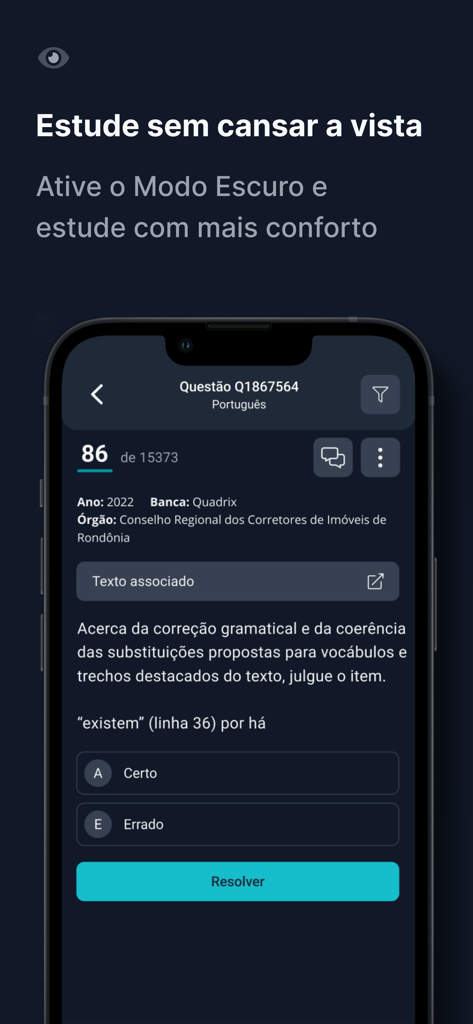 Qconcursos - Interface of the Qconcursos app showing a Portuguese exam question in dark mode