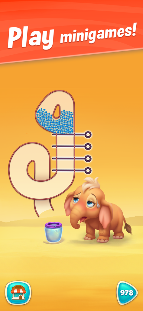 A Wildscapes minigame screen showing a pin-pulling puzzle to help a thirsty baby elephant