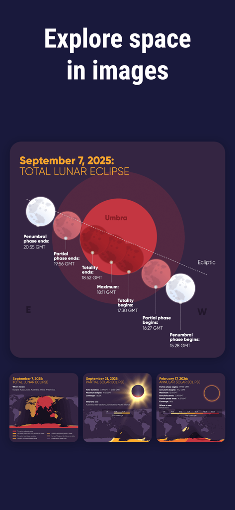 Diagrams and timelines for lunar and solar eclipses in the Star Walk 2 Plus app