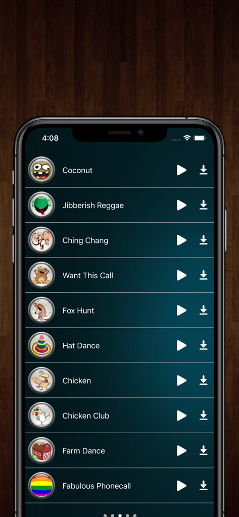 Funny Ringtones Plus 앱에서 다양한 재미있는 벨소리와 효과음 목록을 보여주는 메뉴 표시
