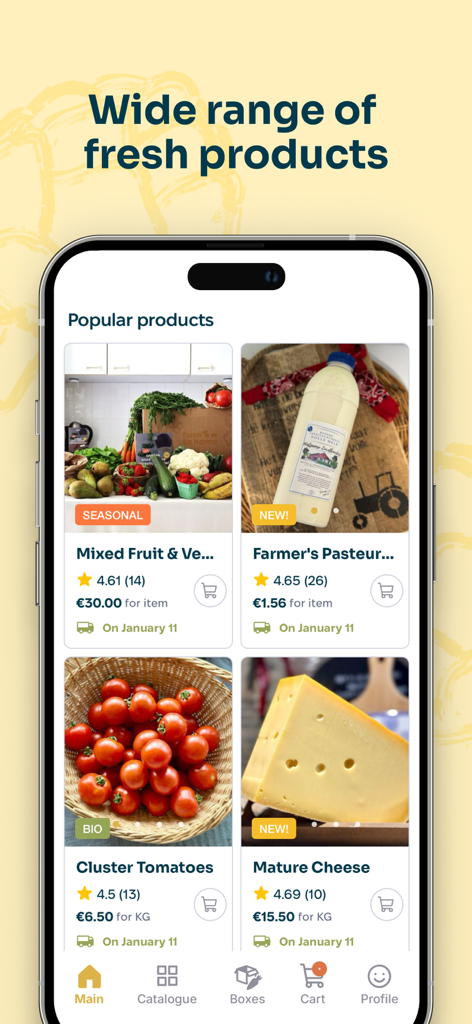 FarmToHome: Buy from Farmers - FarmToHome app screen displaying fresh products like tomatoes milk and cheese