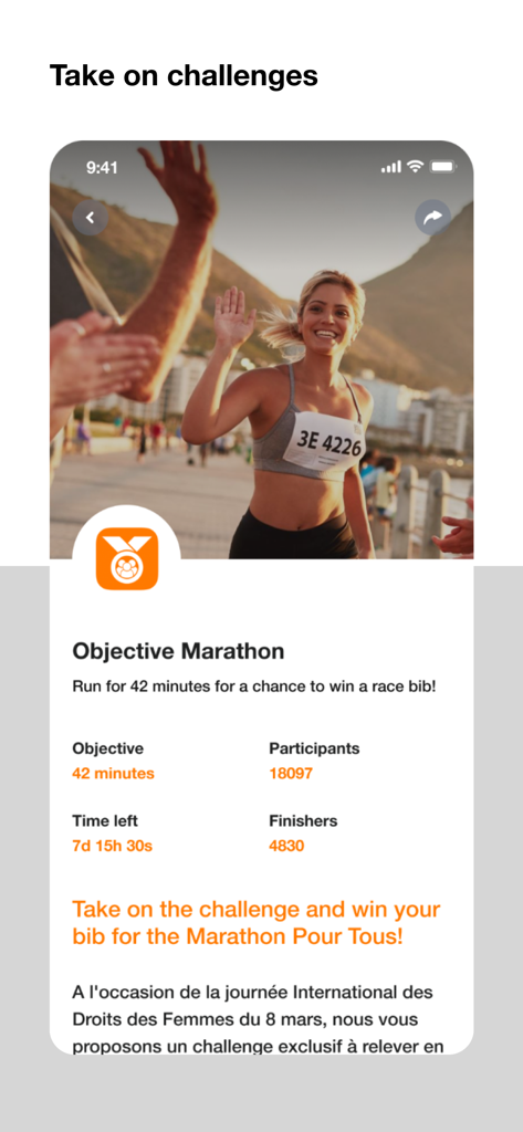 Pantalla de la aplicación móvil Orange Heroes que muestra un desafío de maratón para empleados