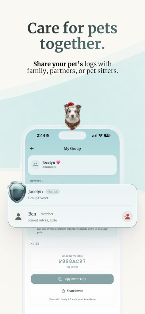 Hubert: Pet Health Tracker - Mobile app interface for sharing pet logs with family and pet sitters
