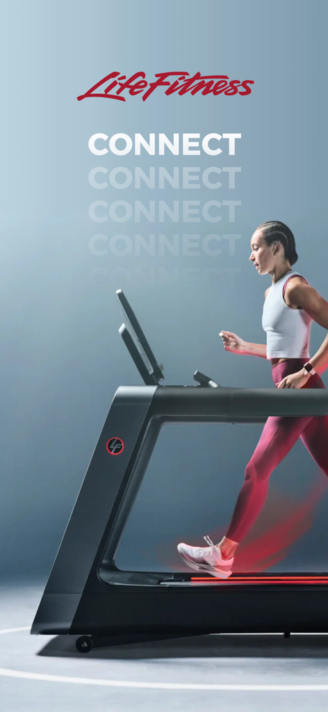 A woman running on a Life Fitness treadmill with the Connect logo in the background