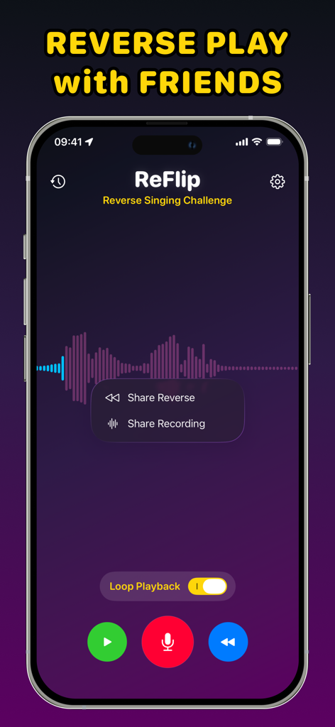 ReFlip: Reverse Audio & Play - ReFlip App-Oberfläche mit Funktionen zur Aufnahme von Rückwärts-Audio und zum Teilen in sozialen Medien