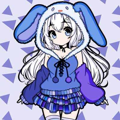 pretty anime girl wearing a fluffy hoodie with bunny ears on the hood and a skirt