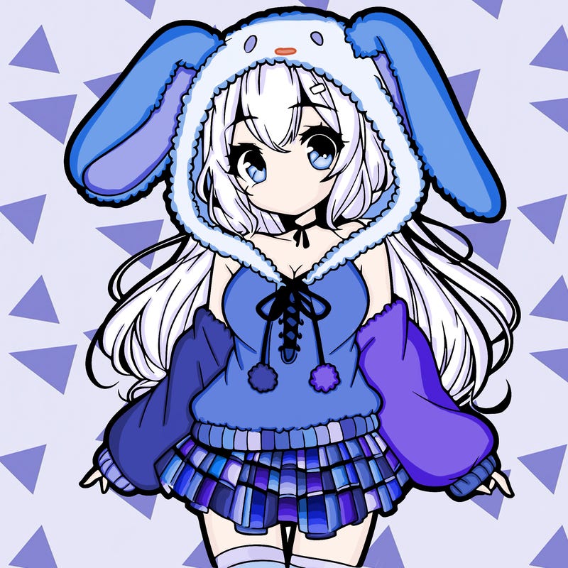 pretty anime girl wearing a fluffy hoodie with bunny ears on the hood and a skirt
